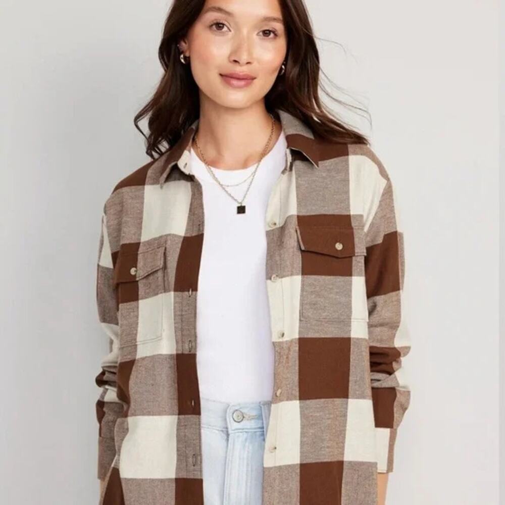 Old Navy Womens Loose Flannel Boyfriend Shirt Desert Floor Brown Plaid 2X